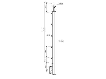 Edelstahl Geländerpfosten Seitenverankerung 40x40 Bauhöhe 1000mm mit 5x Querstabhalter Ø12,0 Geländer V2A geschliffen K320